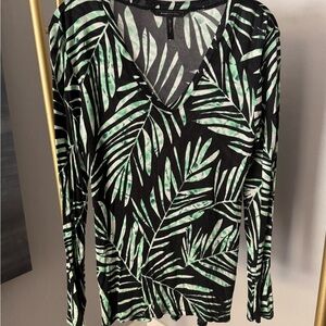 Green and Black Leaf Print Women's Top